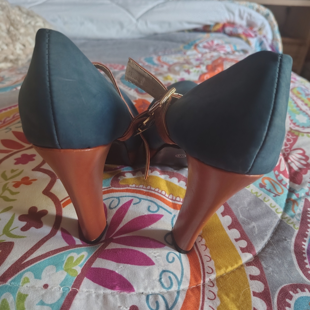 Suede Blue and Tan Women's Heels